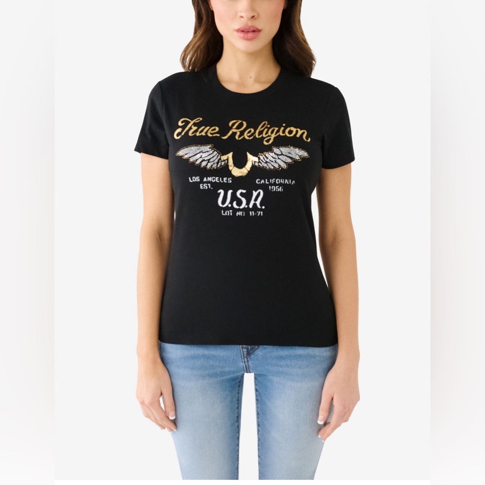 🆕True Religion Women's Short Sleeve Crystal Wing Horseshoe T-shirt Size Small